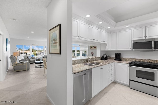 kitchen with white cabinets, appliances with stainless steel finishes, a raised ceiling, and sink