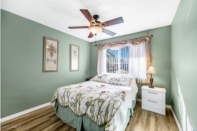 bedroom featuring wood-type flooring and ceiling fan