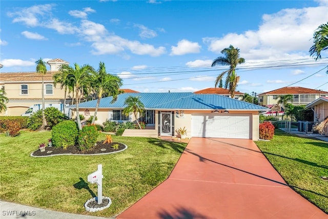 ranch-style home with a front yard and a garage