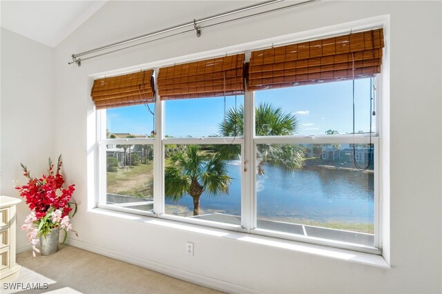 interior space featuring a water view, lofted ceiling, and a wealth of natural light