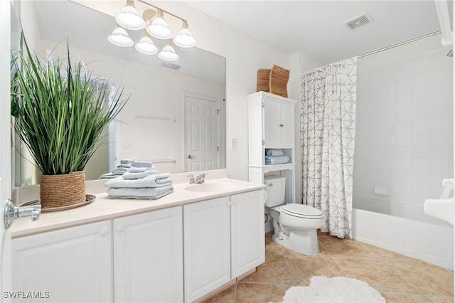 full bathroom with tile patterned flooring, vanity, toilet, and shower / tub combo with curtain