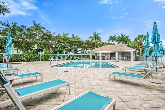 view of swimming pool with a patio