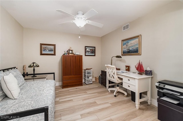 office featuring ceiling fan and light wood-type flooring