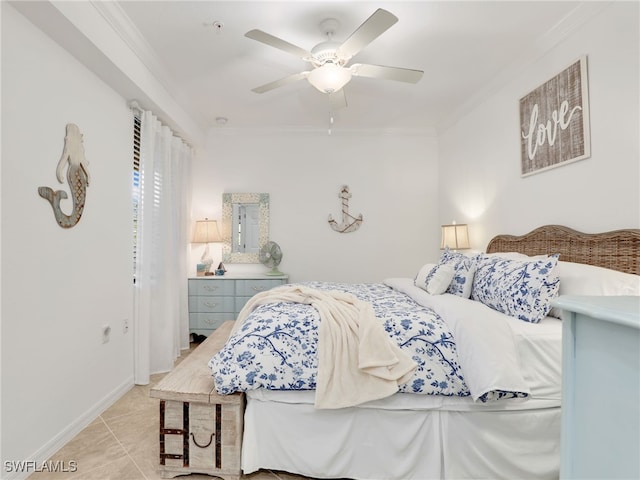 bedroom featuring light tile patterned floors, ceiling fan, and ornamental molding