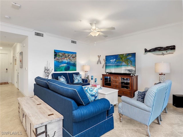 living room featuring crown molding, ceiling fan, and light tile patterned floors