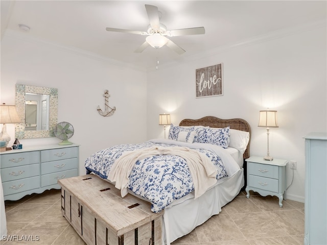 bedroom with ceiling fan, ornamental molding, and light tile patterned floors