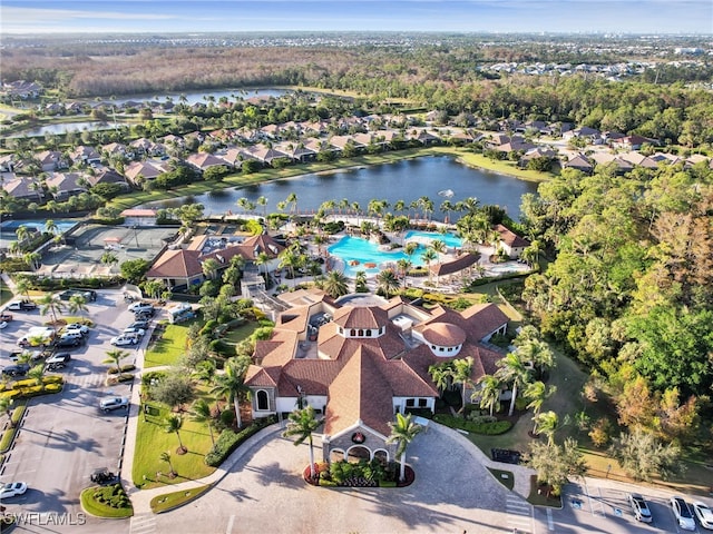 drone / aerial view with a water view