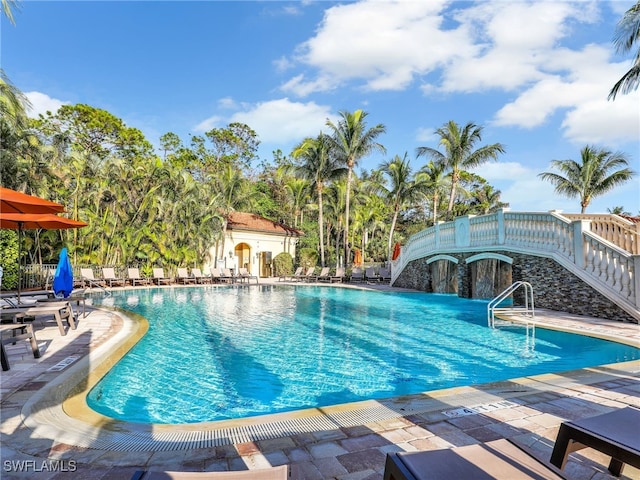 view of swimming pool featuring a patio