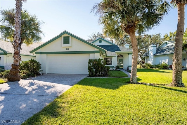 single story home with a front yard and a garage