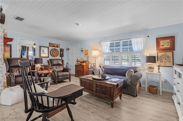 living room featuring ceiling fan, light wood-type flooring, crown molding, and wood ceiling