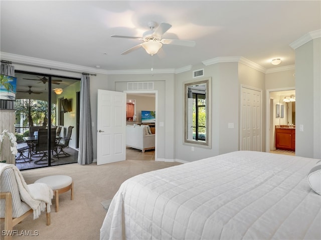 bedroom featuring light carpet, access to outside, ceiling fan, and ornamental molding