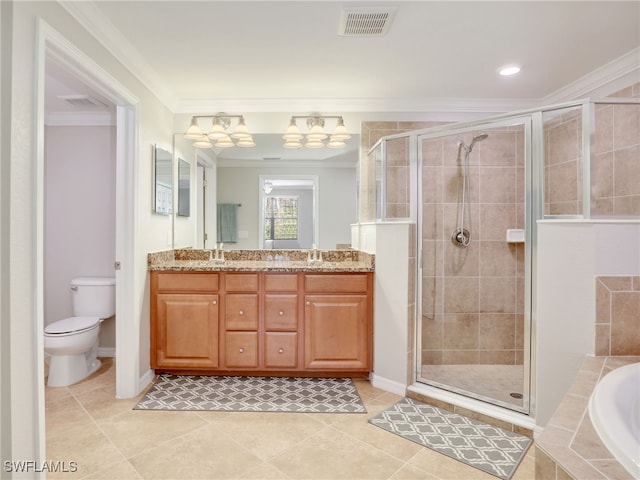 full bathroom with tile patterned floors, vanity, crown molding, independent shower and bath, and toilet