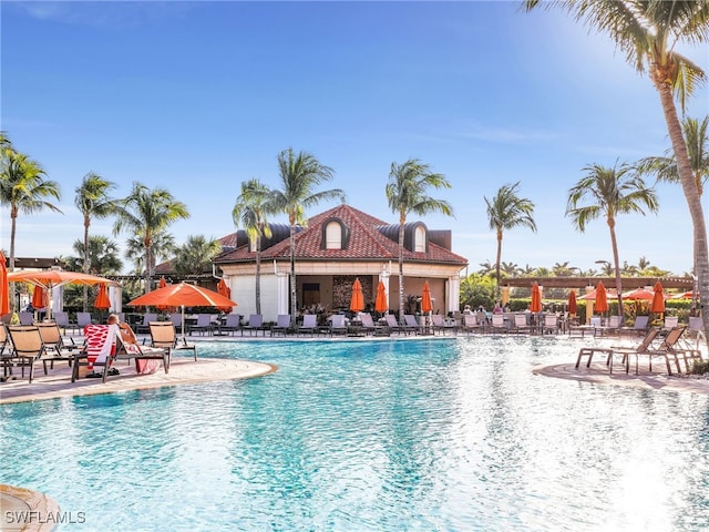 view of swimming pool with a patio