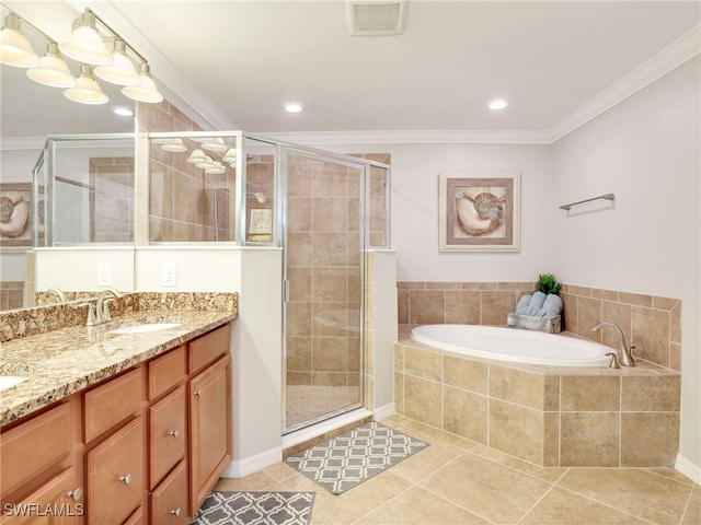 bathroom with tile patterned flooring, vanity, crown molding, and independent shower and bath