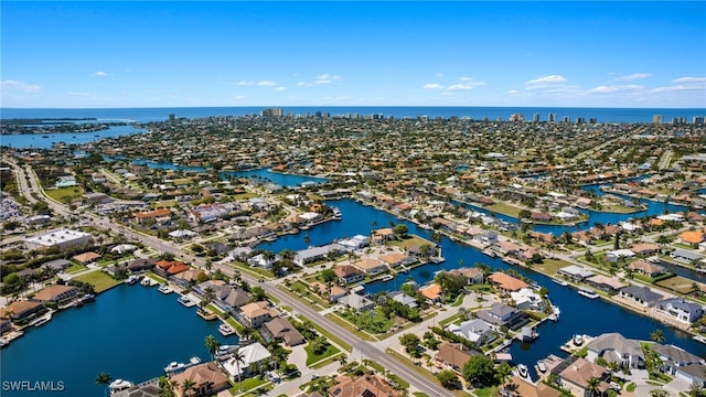 drone / aerial view featuring a water view