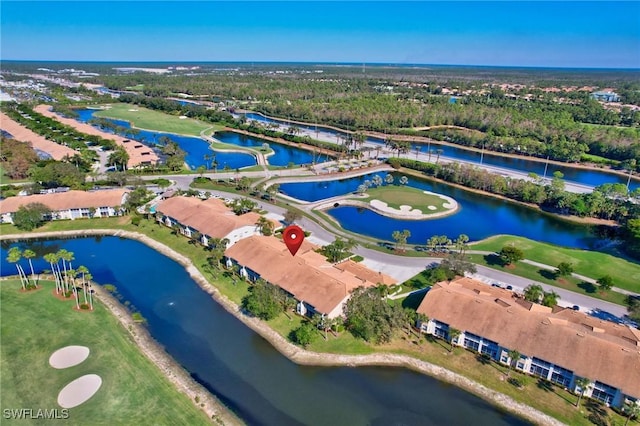 bird's eye view with a water view