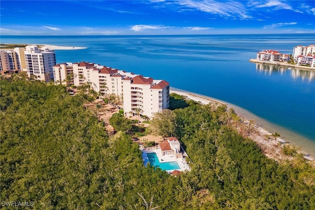 drone / aerial view with a water view and a view of the beach