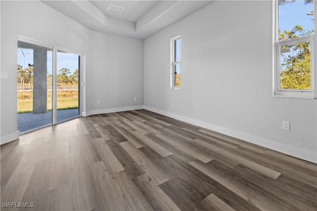 empty room with hardwood / wood-style flooring and a raised ceiling