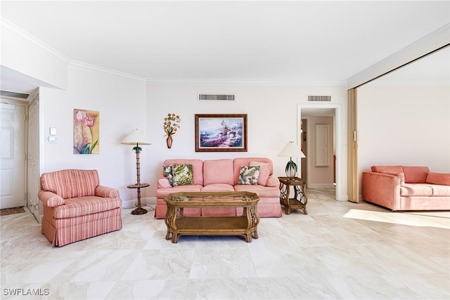 living room with crown molding