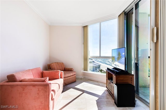 living area featuring tile patterned floors, floor to ceiling windows, and crown molding