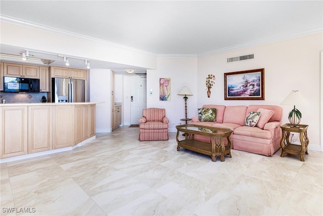 living room featuring crown molding and rail lighting