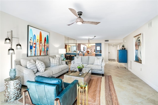 living room featuring ceiling fan