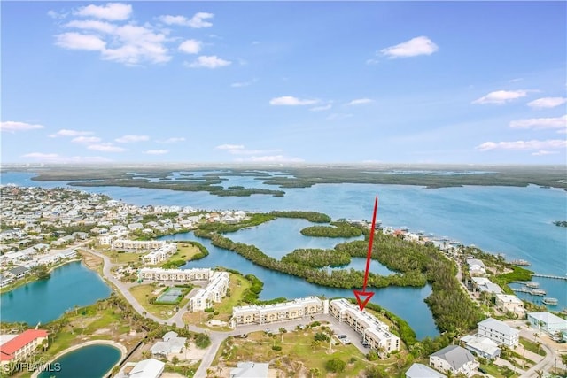 drone / aerial view with a water view