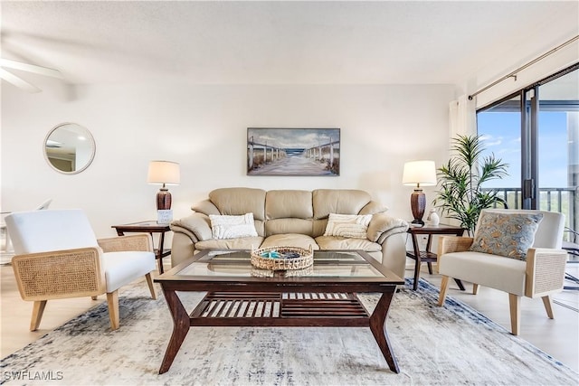 living room featuring light hardwood / wood-style floors and ceiling fan