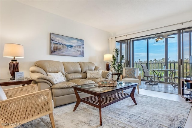 living room with ceiling fan