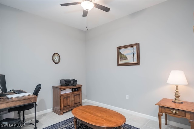 tiled office space with ceiling fan