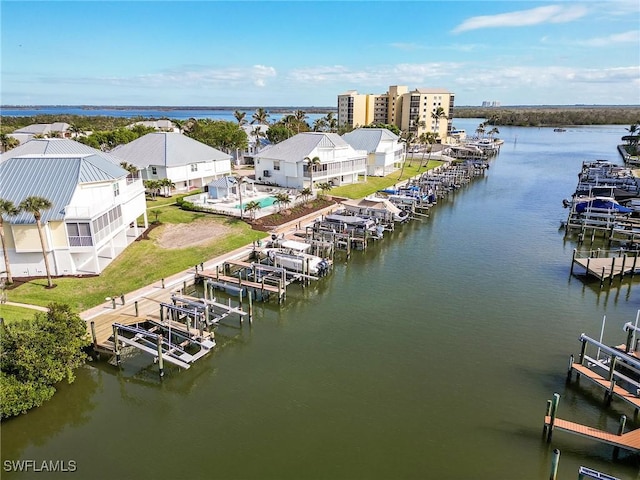 aerial view featuring a water view