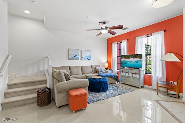 living room with ceiling fan