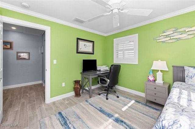 bedroom featuring light wood-type flooring, ceiling fan, and crown molding