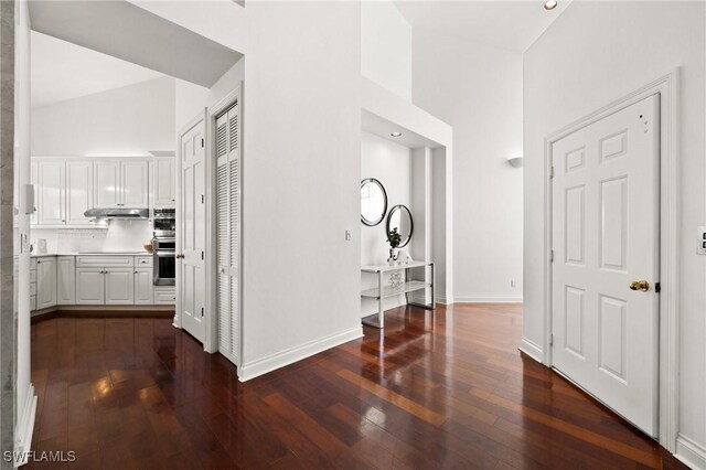 hallway with dark hardwood / wood-style floors and a high ceiling