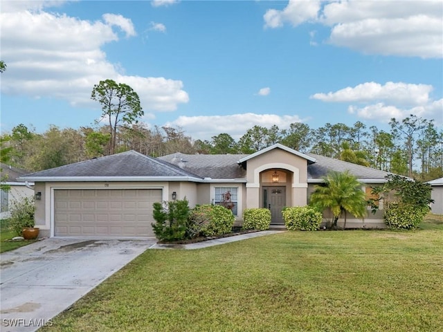 single story home featuring a garage and a front yard