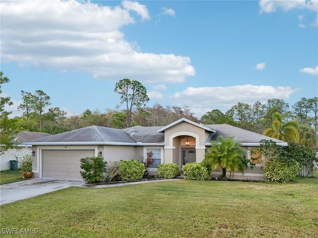 single story home featuring a front lawn and a garage