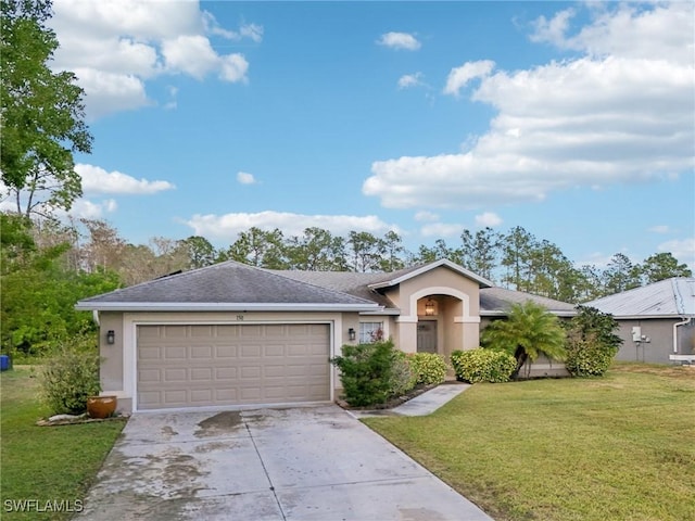 ranch-style home featuring a front yard and a garage