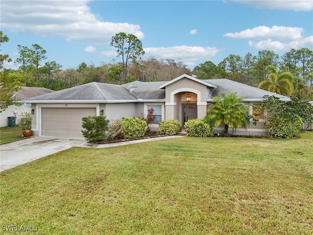 ranch-style home featuring a garage and a front lawn