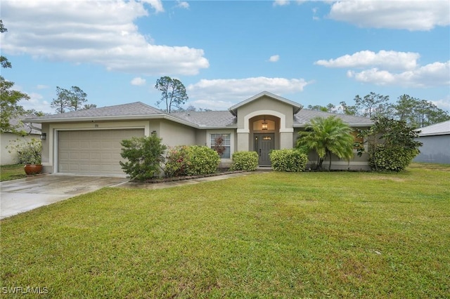 ranch-style home with a garage and a front lawn