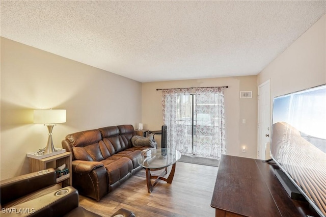 living room with wood-type flooring and a textured ceiling