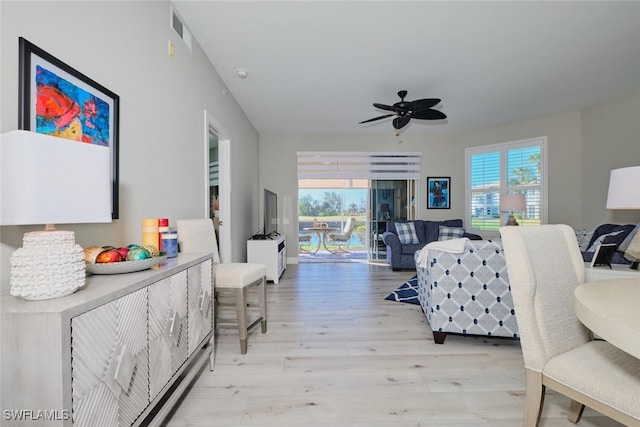 interior space featuring ceiling fan and light hardwood / wood-style floors