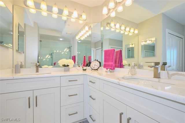 bathroom featuring vanity and an enclosed shower