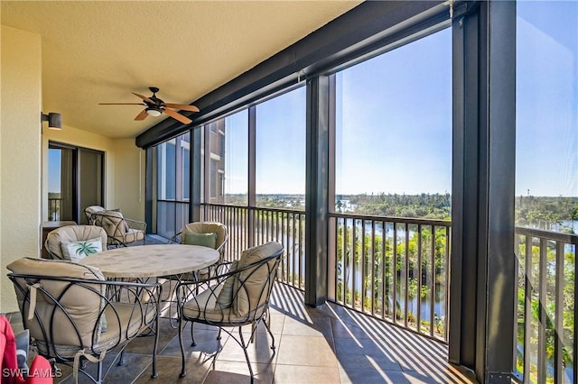 sunroom / solarium with ceiling fan and a water view