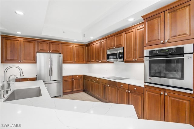 kitchen with light stone countertops, sink, stainless steel appliances, a raised ceiling, and light wood-type flooring