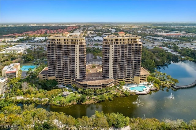 aerial view featuring a water view