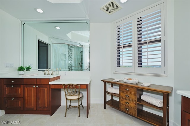 14300 Riva Del Lago Dr Unit 805, Fort Myers, FL 33907 - full bathroom featuring visible vents, a stall shower, vanity, baseboards, and recessed lighting