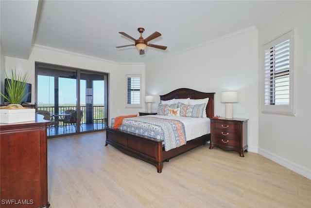 14300 Riva Del Lago Dr Unit 805, Fort Myers, FL 33907 - bedroom featuring a ceiling fan, crown molding, baseboards, light wood finished floors, and access to outside