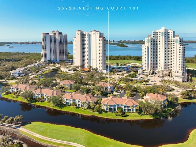 bird's eye view with a water view