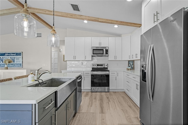 kitchen featuring white cabinets, lofted ceiling with beams, stainless steel appliances, and tasteful backsplash