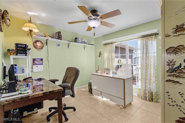 tiled office with ceiling fan